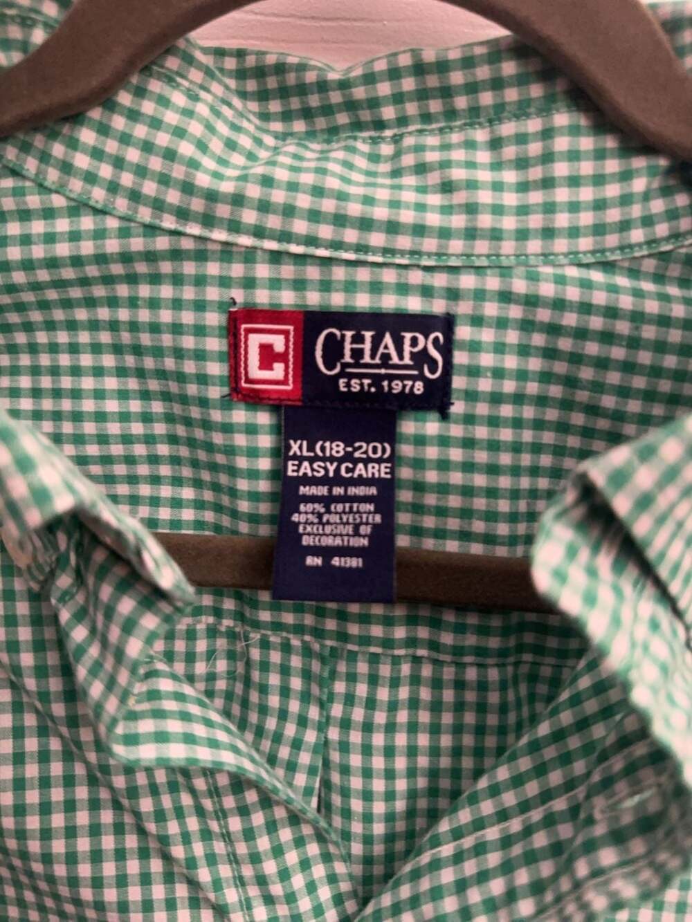 Chaps Boys XL (18-20) Green Gingham Easy Care Button Down Shirt